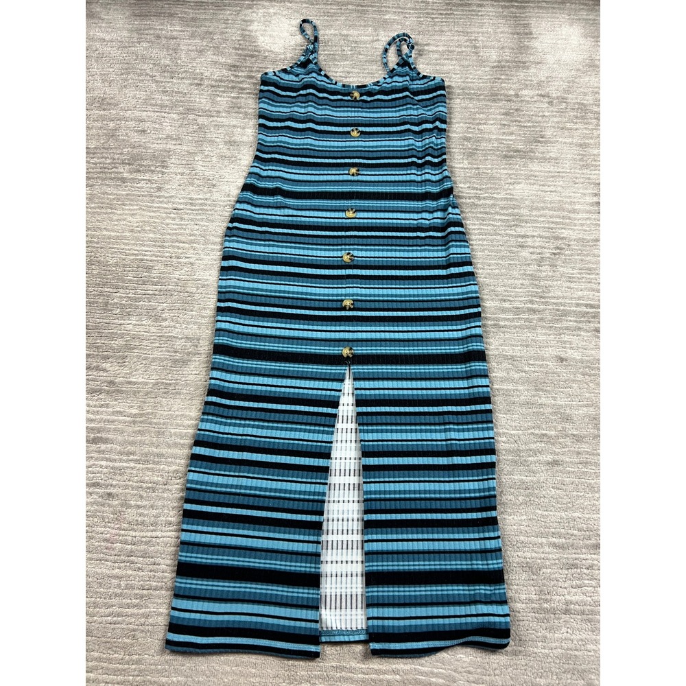 No Boundaries Midi Dress Women M 8-10 Blue Striped Ribbed Knit Front Slit Casual